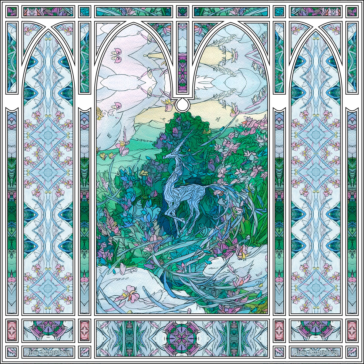 Stained Glass with a Unicorn — gouache painting by Olga Shmatova