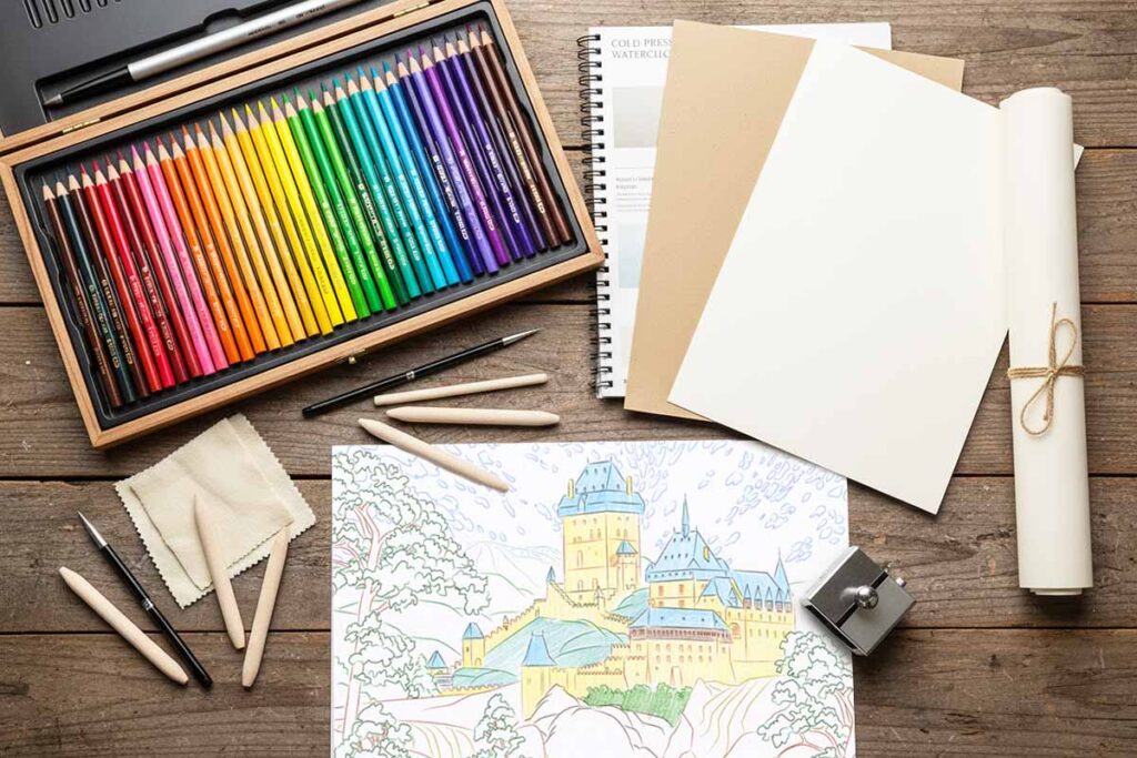 Professional colored pencil art supplies with tutorial practice drawing in progress