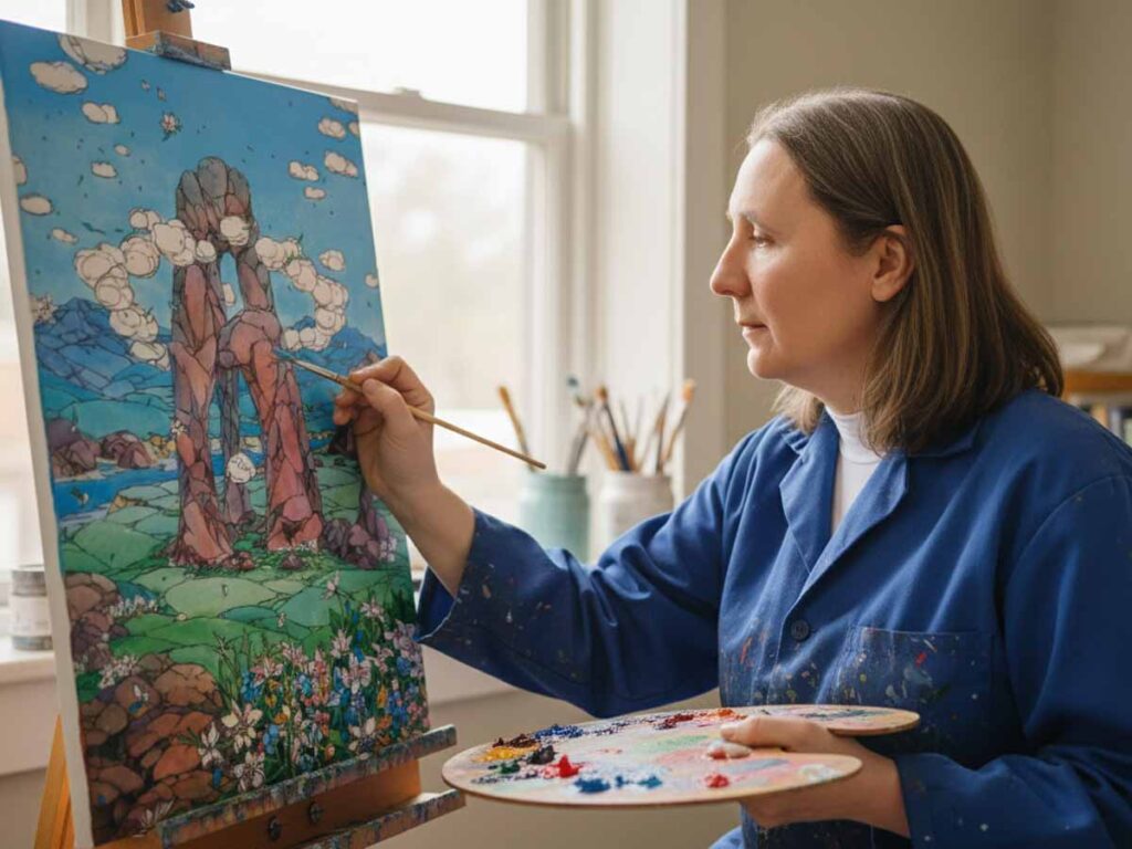 Olga Shmatova painting fantasy landscape with acrylic paints in her art studio