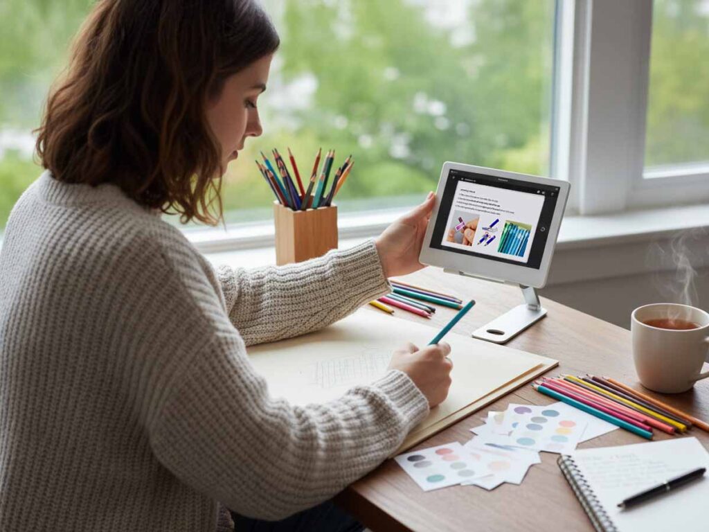 Art student using Olga Shmatova colored pencil drawing tutorial book at work table
